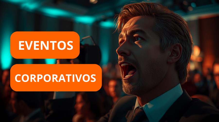 Fotógrafo profissional registrando evento corporativo em Fortaleza, com palestrante no palco e público no auditório