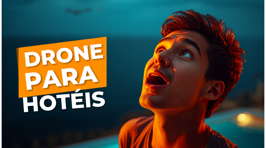 Drone captando imagens aéreas de um hotel à beira-mar em Fortaleza, mostrando piscina, praia e estrutura completa