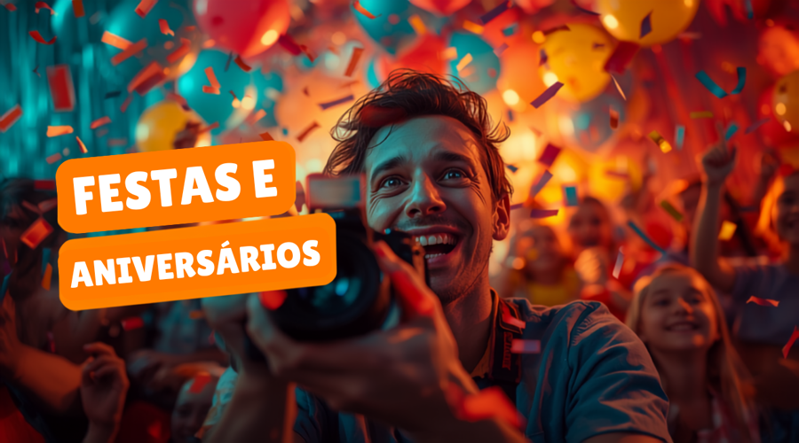 Fotógrafo registrando festa de aniversário em salão decorado em Fortaleza, com convidados ao fundo